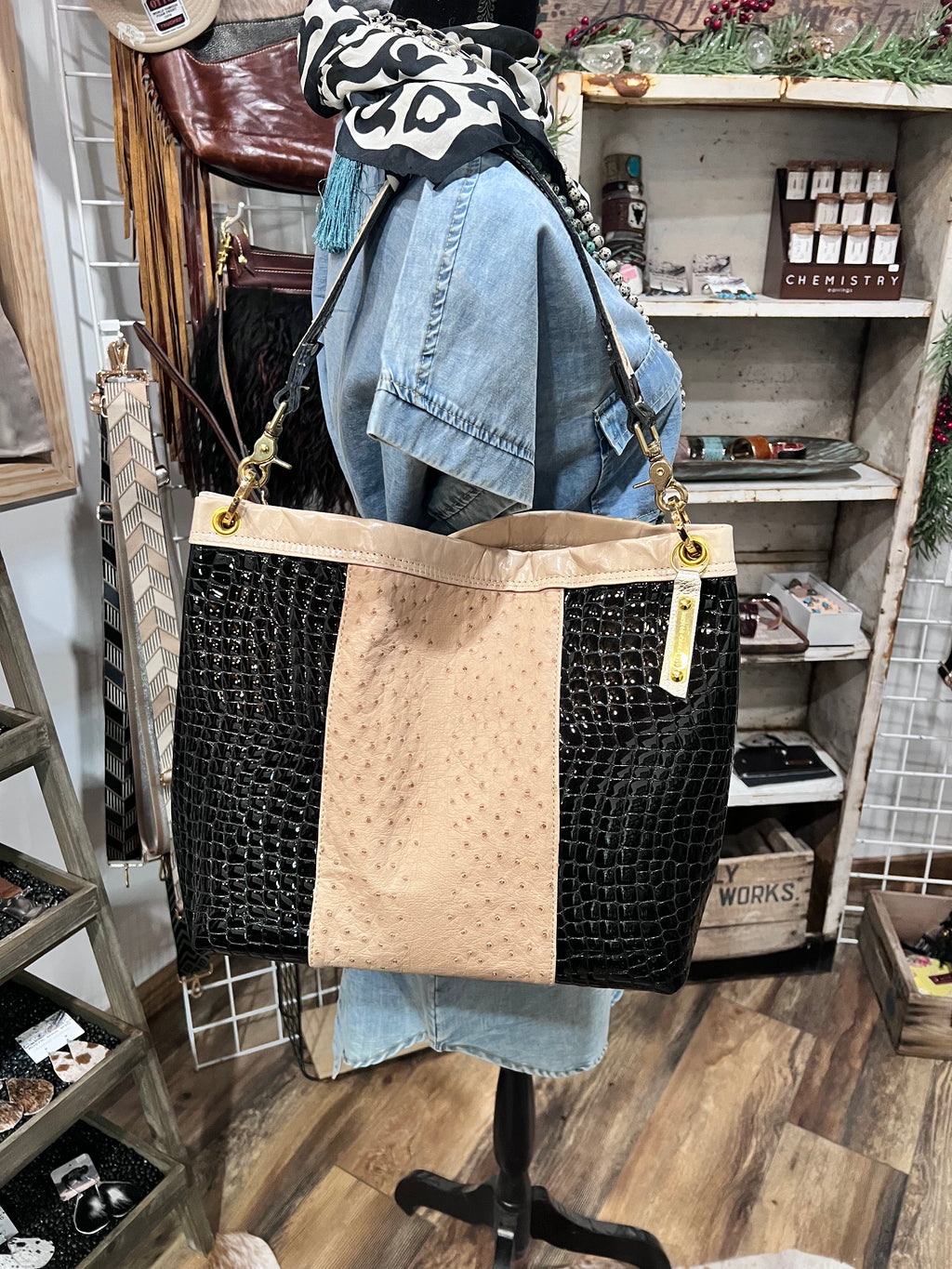 Ostrich & Black Patent Leather Cody Bag