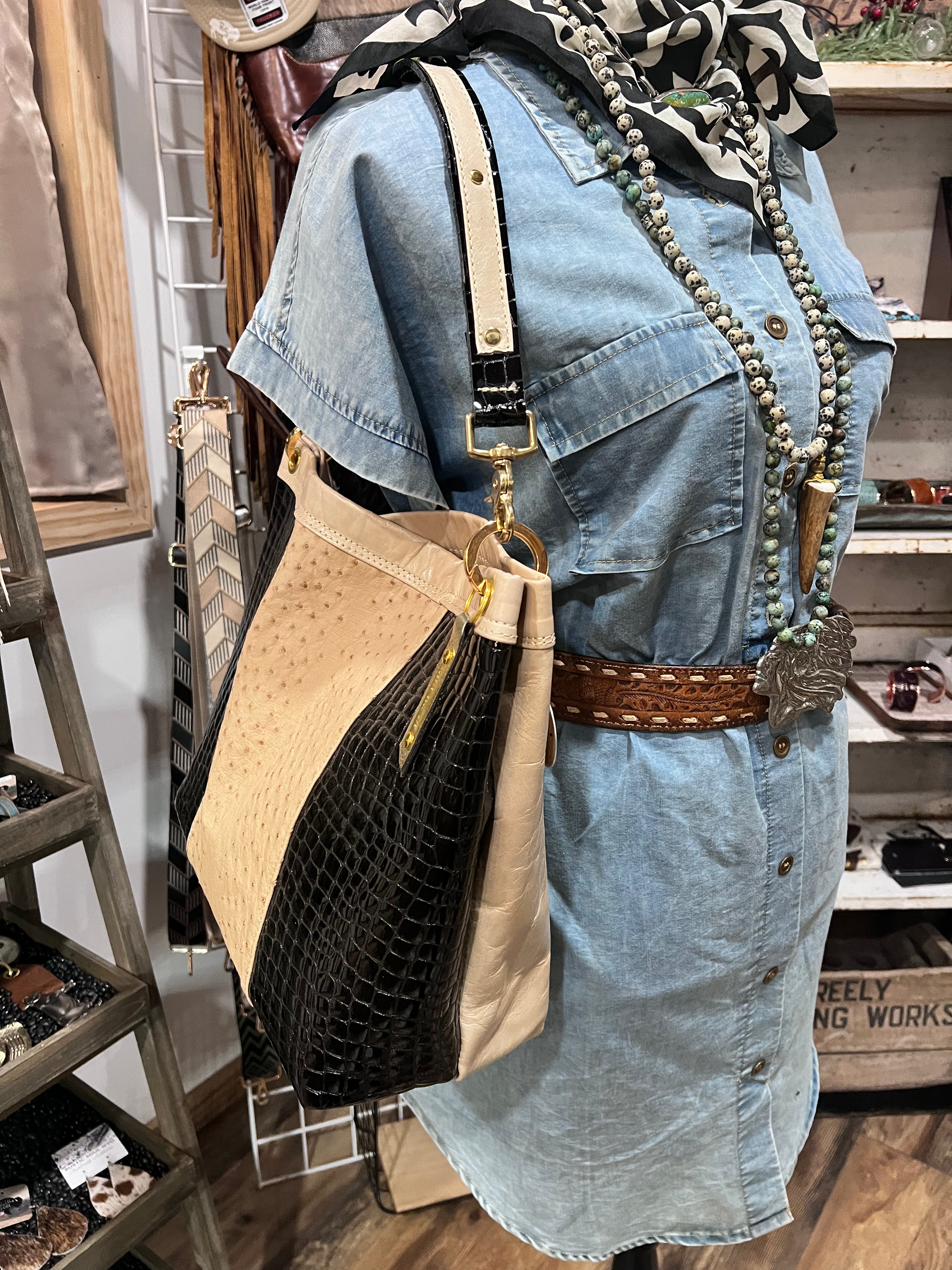 Ostrich & Black Patent Leather Cody Bag