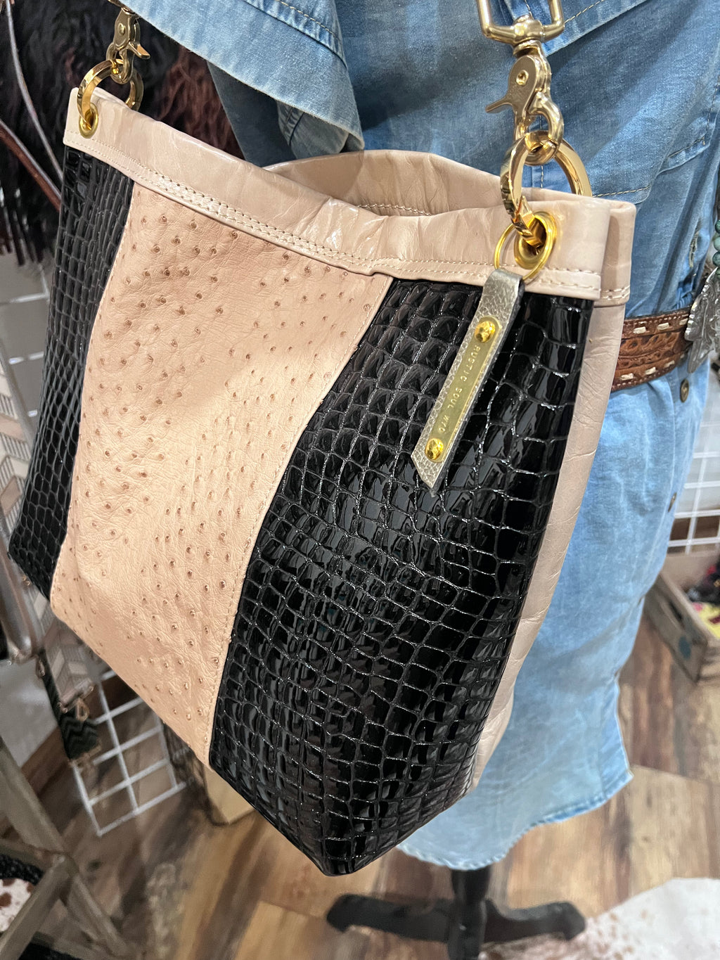 Ostrich & Black Patent Leather Cody Bag