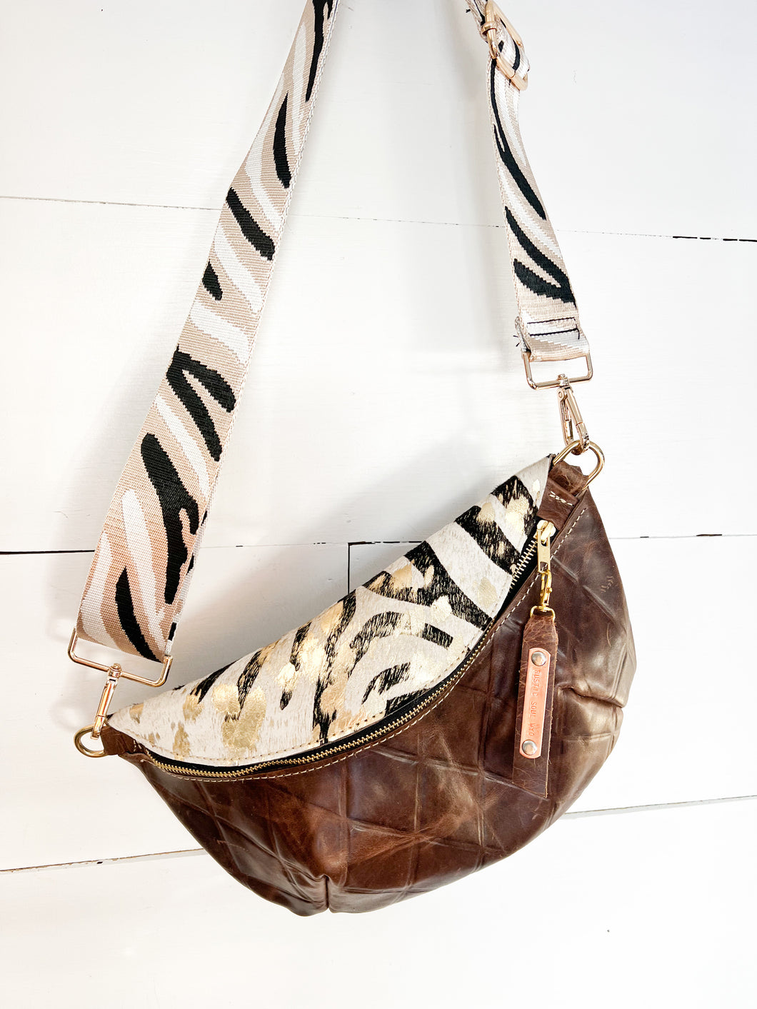 Golden Zebra & Diamond Embossed Leather Bumbag