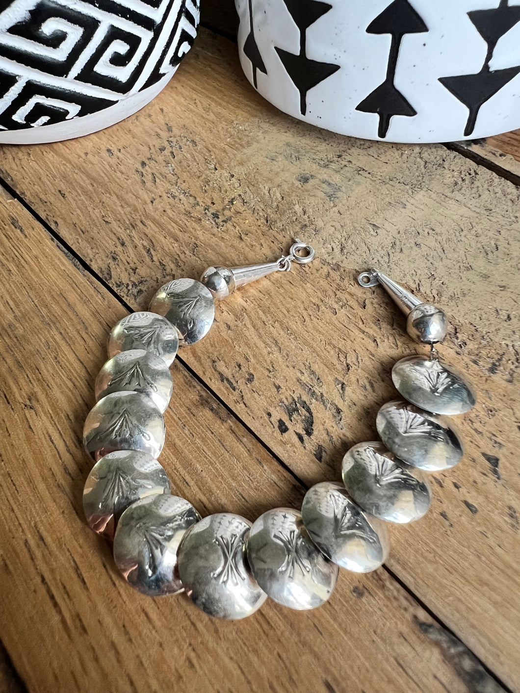 Sterling Silver Stamped Pillow Bead Bracelet