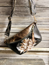 Load image into Gallery viewer, Black and Brown Bumbag with Aztec Cowhide Accent
