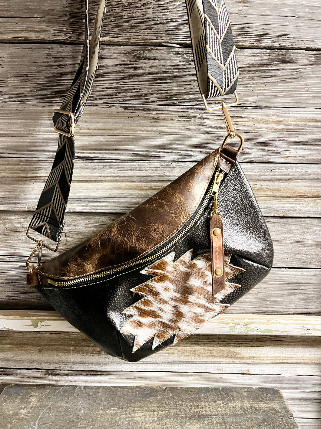 Black and Brown Bumbag with Aztec Cowhide Accent