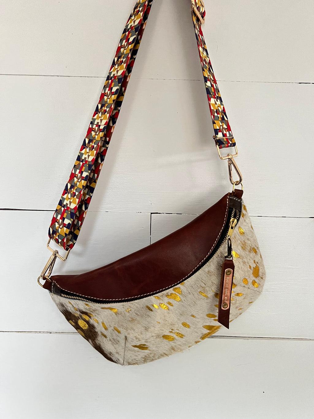 Gold Acid Washed Hide with Brown Leather Bum Bag