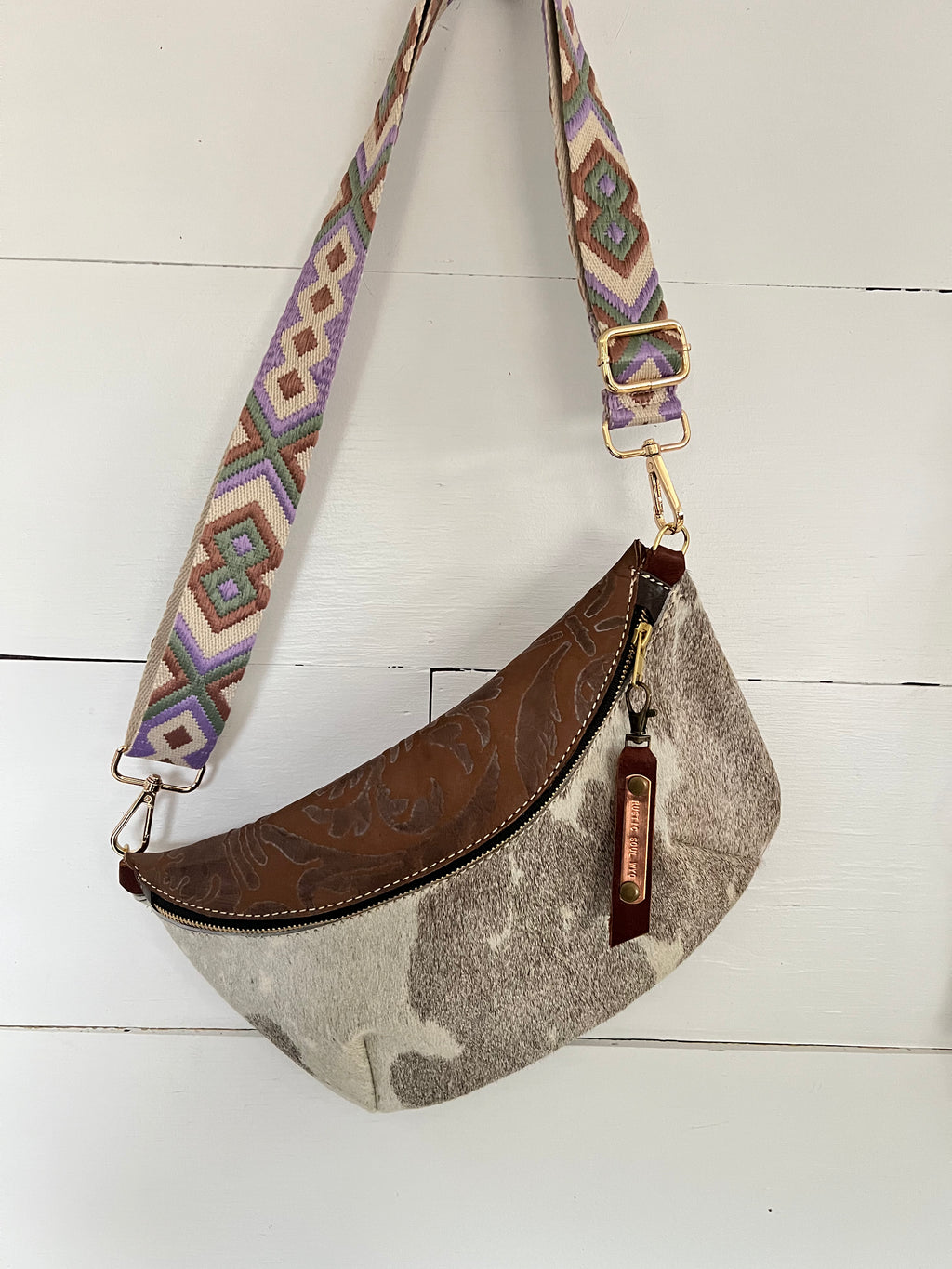Brown Leather with Grey and White Cowhide Bum Bag