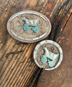 Bolo & Belt Set, Inlay, Conestoga Wagon, Dishta, Vintage Turquoise