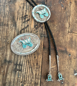 Bolo & Belt Set, Inlay, Conestoga Wagon, Dishta, Vintage Turquoise