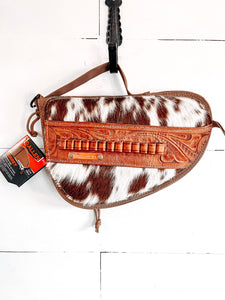 Blinged out Pistol Case with Cowhide and Vintage Tooled Leather Ammo Belt accent