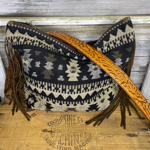 Large Brown Cowhide with Brand and Fringe Cossbody Bag