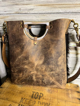 Load image into Gallery viewer, Distressed Wooden Handle Tote with Shoulder Strap
