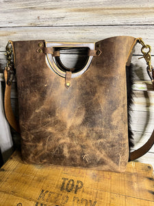 Distressed Wooden Handle Tote with Shoulder Strap