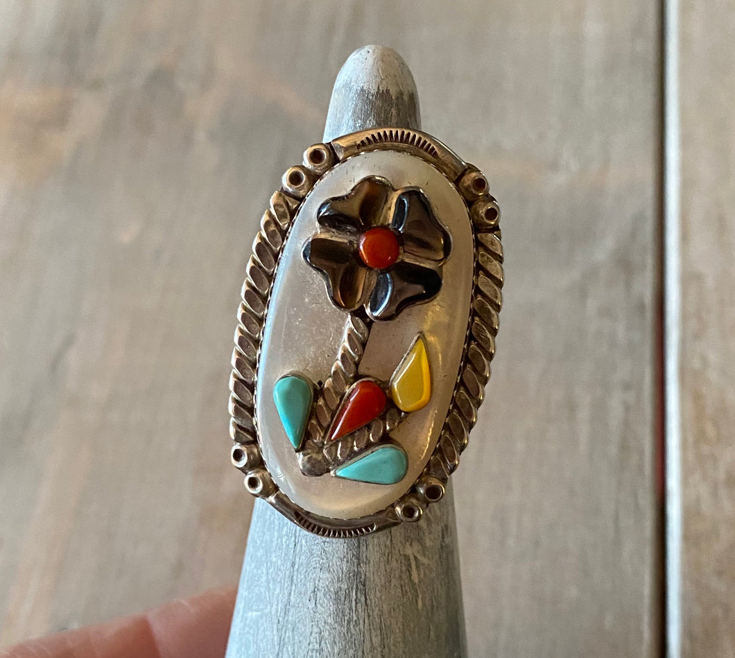 Mike Simplicio Sterling, Turquoise, Coral and another of Pearl Ring 6