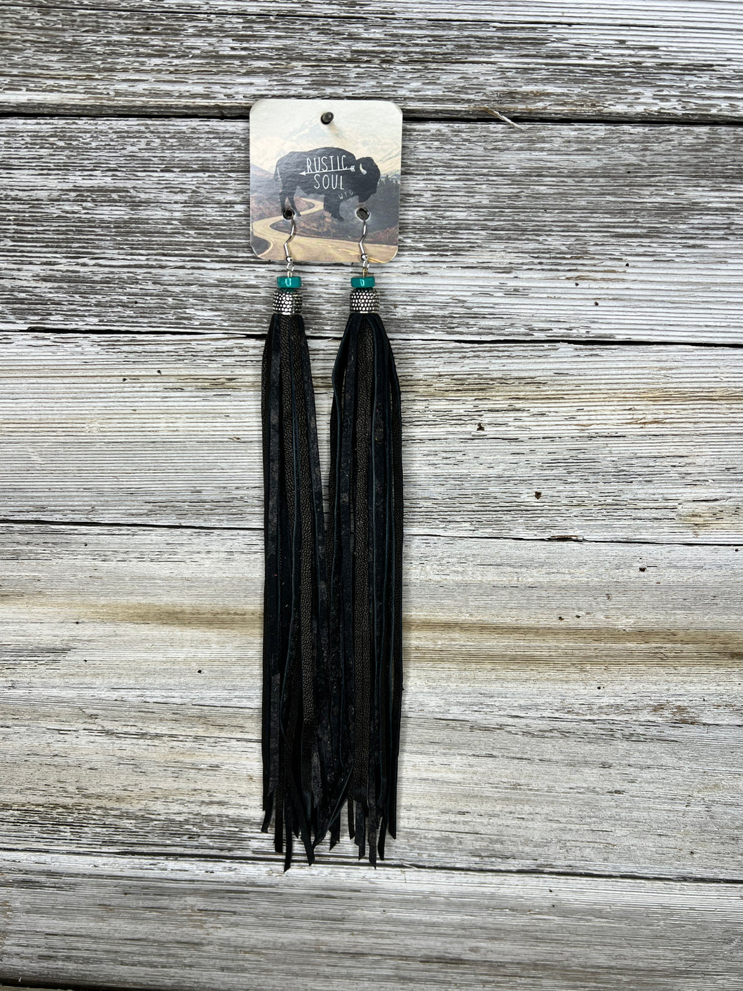 Shimmer Black Leather Fringe Earrings Genuine Turquoise