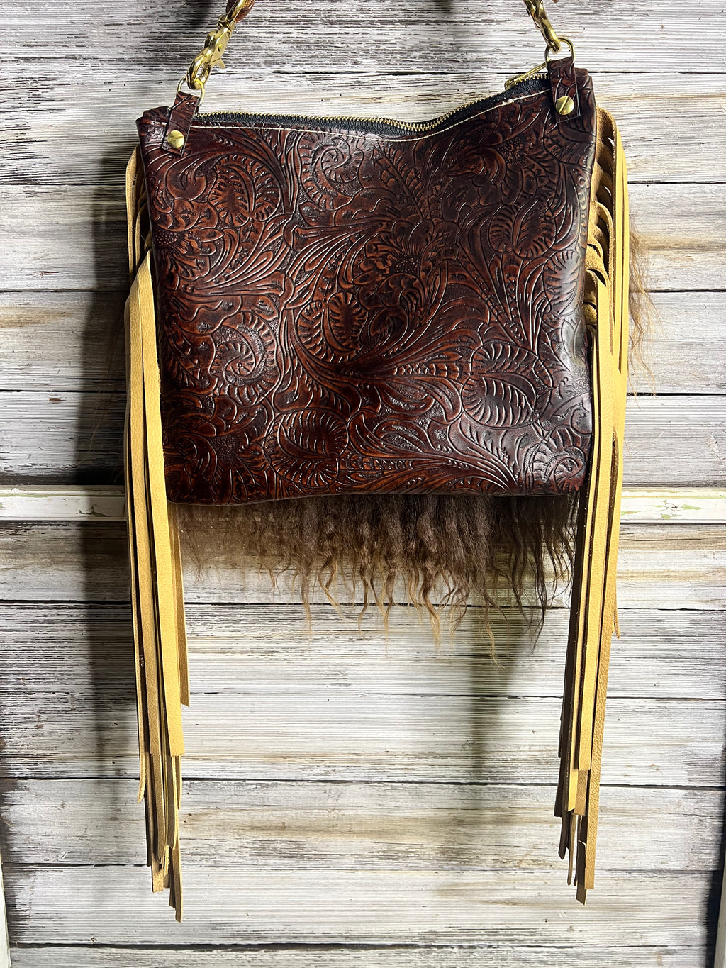 Brown Icelandic Sheephair Bag with Embossed leather