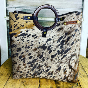 Brown and Tan Acid Washed Cowhide Tote with Wooden Handles