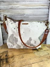 Load image into Gallery viewer, Cowhide Crossbody with White and Grey Hair on Hide
