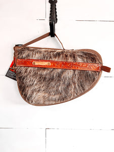 Fuzzy Brindle Cowhide Pistol Case with Tooled Leather Accent